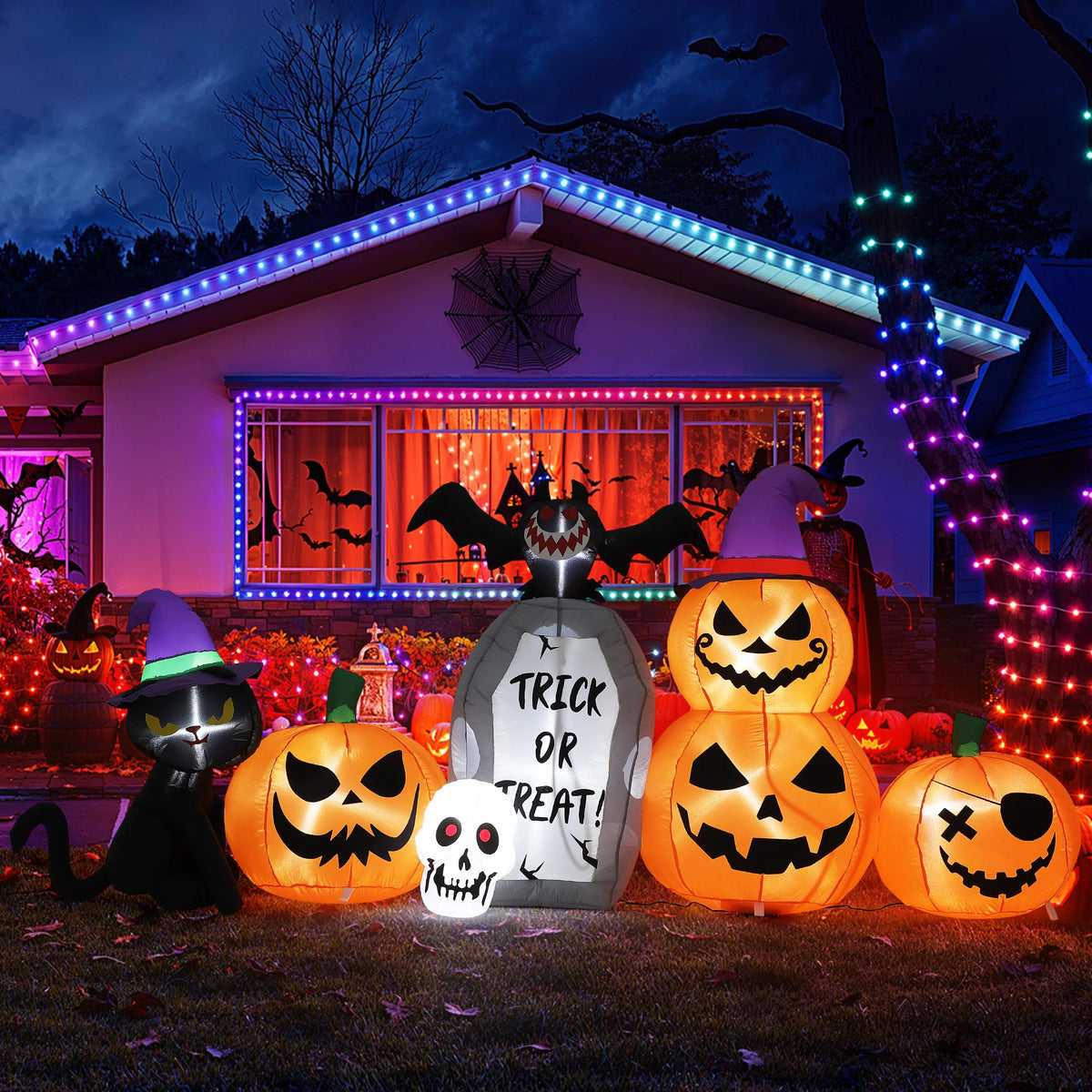 8 ft Long Halloween Inflatables Outdoor Decorations Blow Up Pumpkin Black Cat with Build in LED Lights Bat Tombstone Inflatable Yard Lawn Porch Party Holiday Display Supplies Props