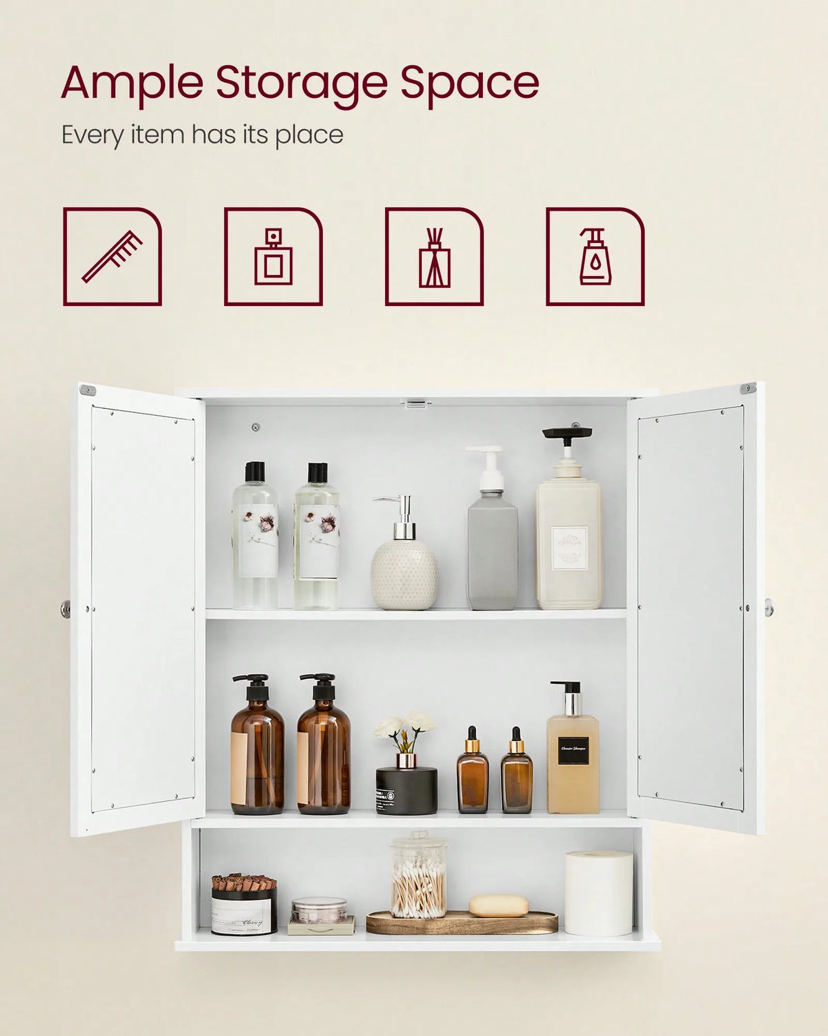 Bathroom Wall Cabinet with Mirror, 2 Mirrored Doors Medicine Cabinet with Adjustable Shelf & Open Storage, Wall Mounted Organizer for Over Toilet, Sink, White