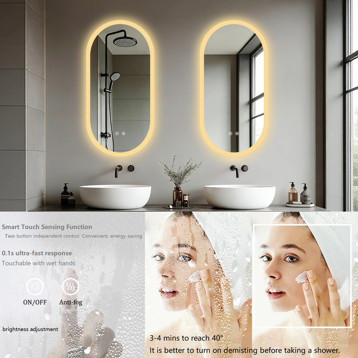 LED Bathroom Mirror Smart Anti-fog Dimmable LED Lighted Mirror Oval Makeup Mirror SPA Hotel 1200x600mm/1000x500mm/800x500mm,Tempered Glass, Frameless