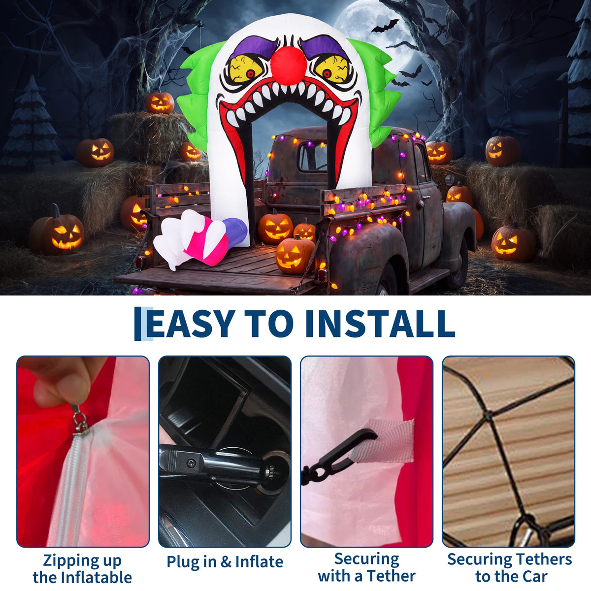 180cm LED Light Up Inflatable Halloween Clown Arch Scary Outdoor Yard Decoration for Lawn and Garden Weather Resistant Blow Up Holiday Party Spooky Night Display Prop Supplies