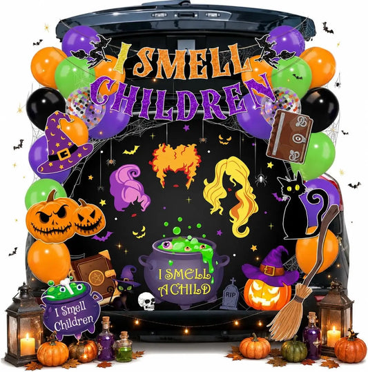 Trunk or Treat Car Decorations Kit, Witch Spell Halloween Trunk Decorations Kit with Banner, Cutouts and Balloons, Easy Trunk or Treat Kit for SUV, Car, Truck, Garage Door Party Decor