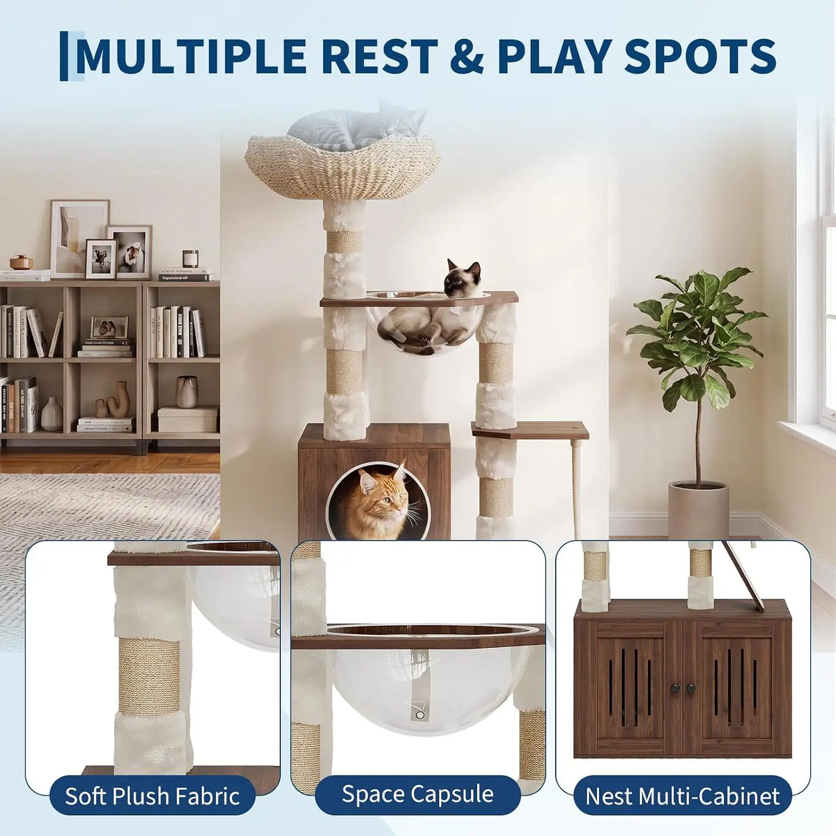 Tacleekii 66.9" Cat Tree with Litter Box Enclosure Multi-Level Cat Condo Attan Cat House & Space Capsule Acrylic Hammock Double-door Storage 15mm Thick Board & Wide Base