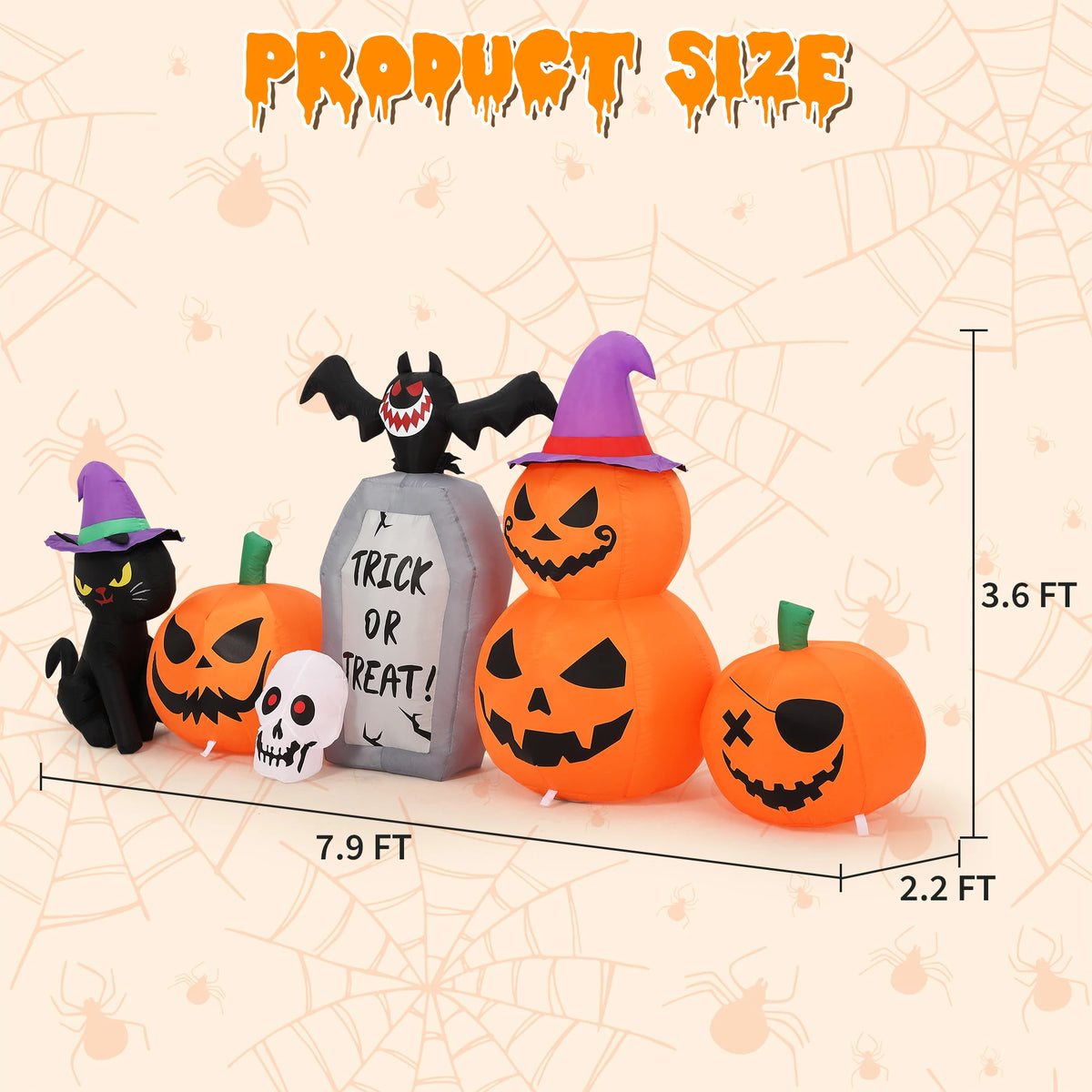 8 ft Long Halloween Inflatables Outdoor Decorations Blow Up Pumpkin Black Cat with Build in LED Lights Bat Tombstone Inflatable Yard Lawn Porch Party Holiday Display Supplies Props