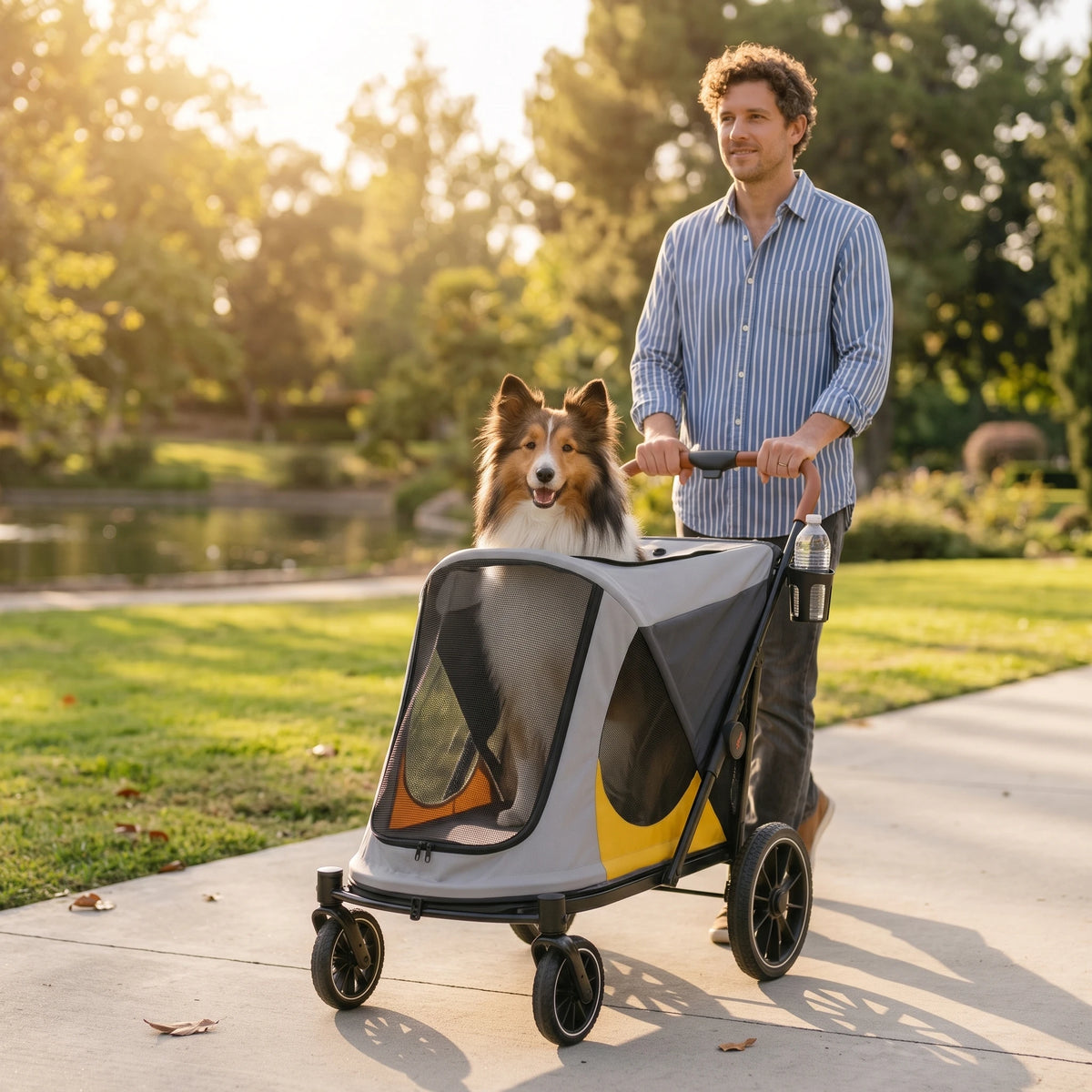 BingoPaw Dog Stroller for Large Medium Dogs up to 90 lbs, 4 Wheel Foldable Pet Stroller Pushchair with Dual Entry, Shock Absorption, Breathable Mesh Window & Cup Holder for Senior Injured Pets, Grey