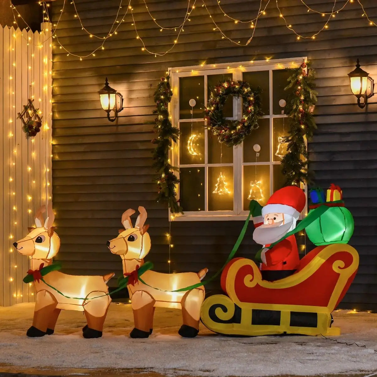 8ft Long Christmas Inflatable Santa Claus with Sleigh and Reindeer, Outdoor Blow-Up Yard Decoration with LED Lights Display