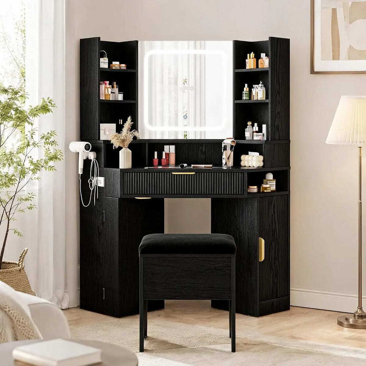 Corner Vanity Desk With Mirror And Lights, Glass Top Makeup Table With Charging Station, Dimmable LED, Drawers For Bedroom