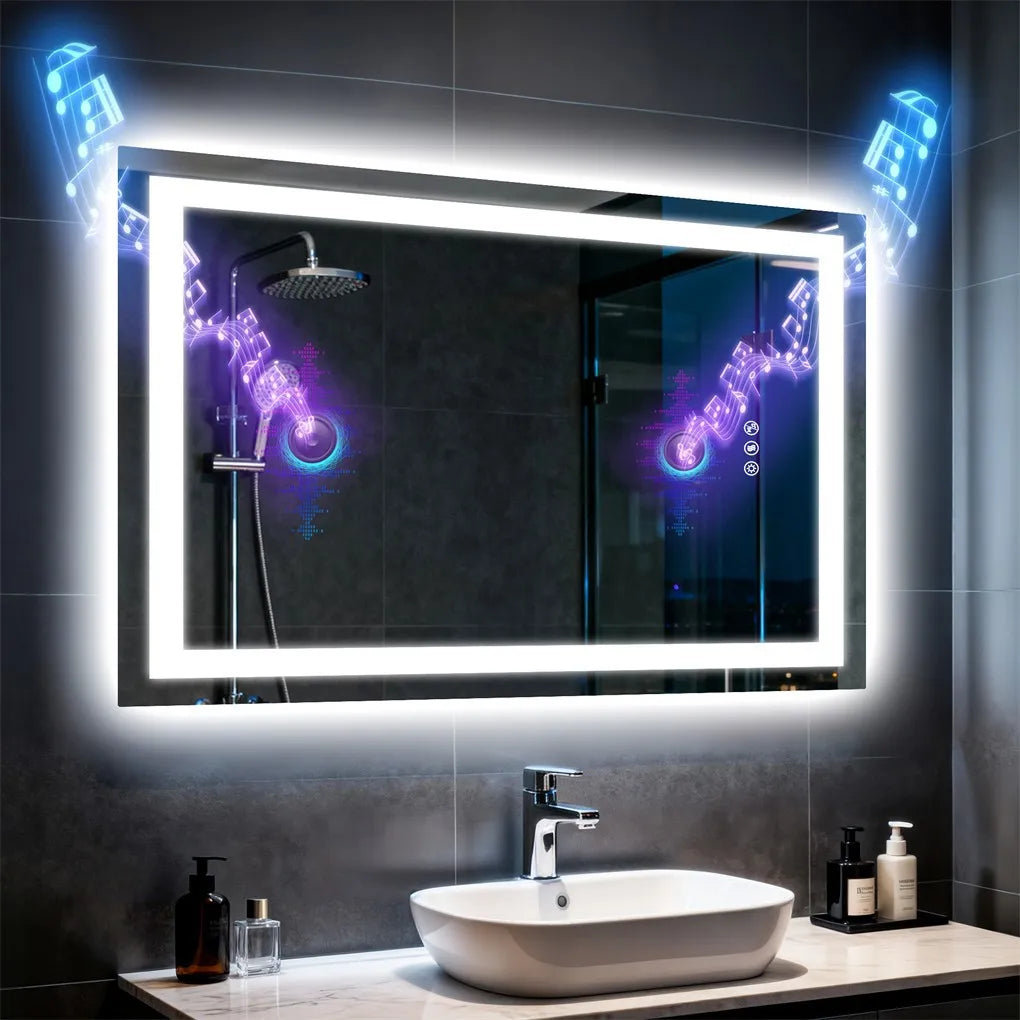 Smart LED Bathroom Mirror 500x700mm/600x800mm Rectangle Vanity Mirror with Dual NdFeB Speaker, Anti-Fog, Tempered Glass