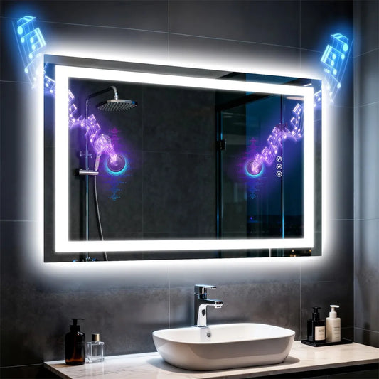 Smart LED Bathroom Mirror 500x700mm/600x800mm Rectangle Vanity Mirror with Dual NdFeB Speaker, Anti-Fog, Tempered Glass