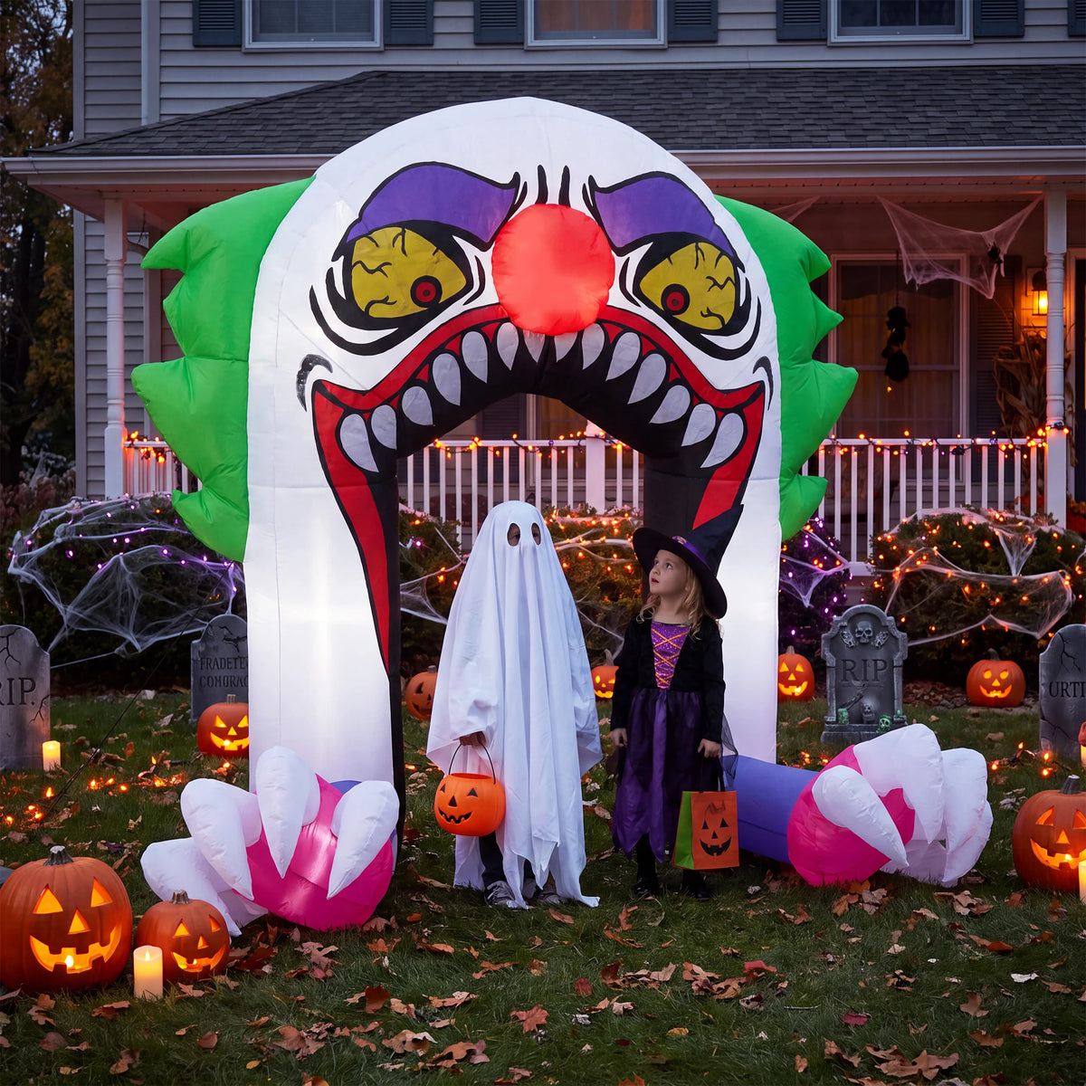180cm LED Light Up Inflatable Halloween Clown Arch Scary Outdoor Yard Decoration for Lawn and Garden Weather Resistant Blow Up Holiday Party Spooky Night Display Prop Supplies
