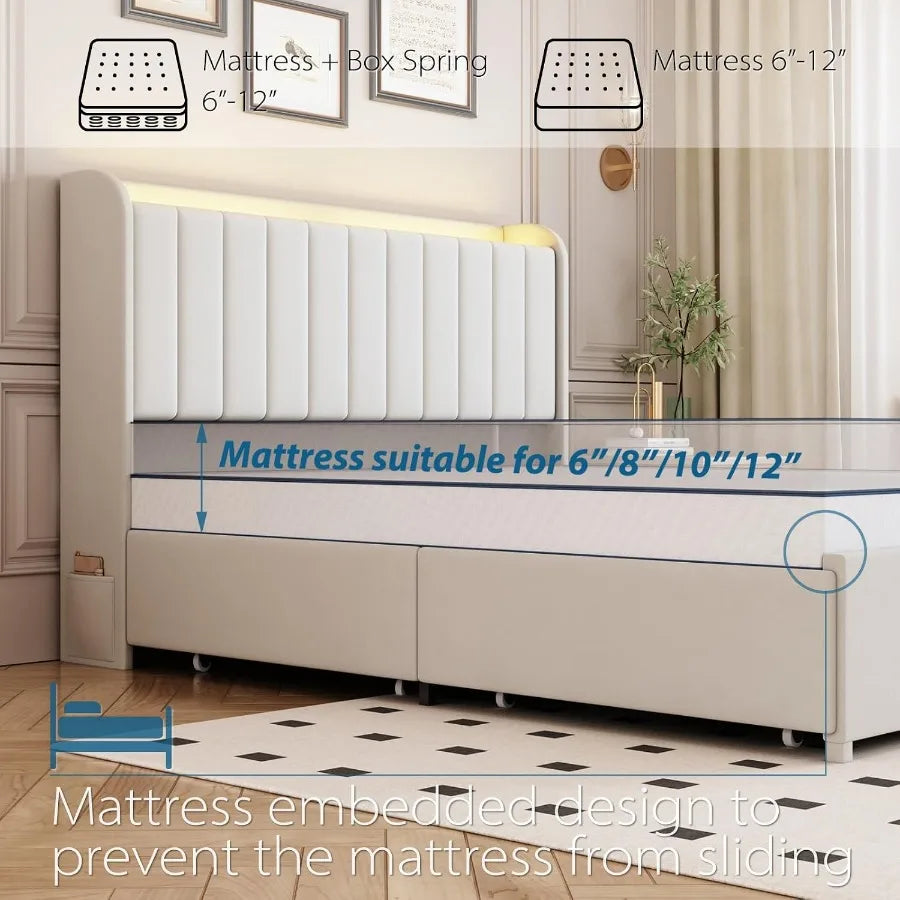 Queen Bed Frame with 4 Drawers and Storage Headboard, Upholstered Platform Bed Frame Queen Size with Led Lights and Handy Charg